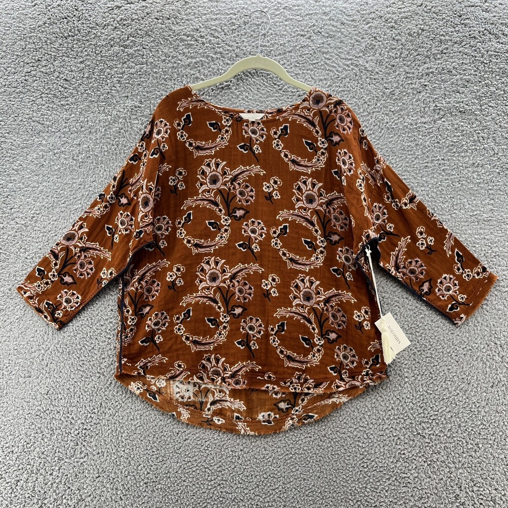 Voloshin Blouse Womens XS Brown Paisley Relaxed Cotton 3/4 Sleeve Boho Top